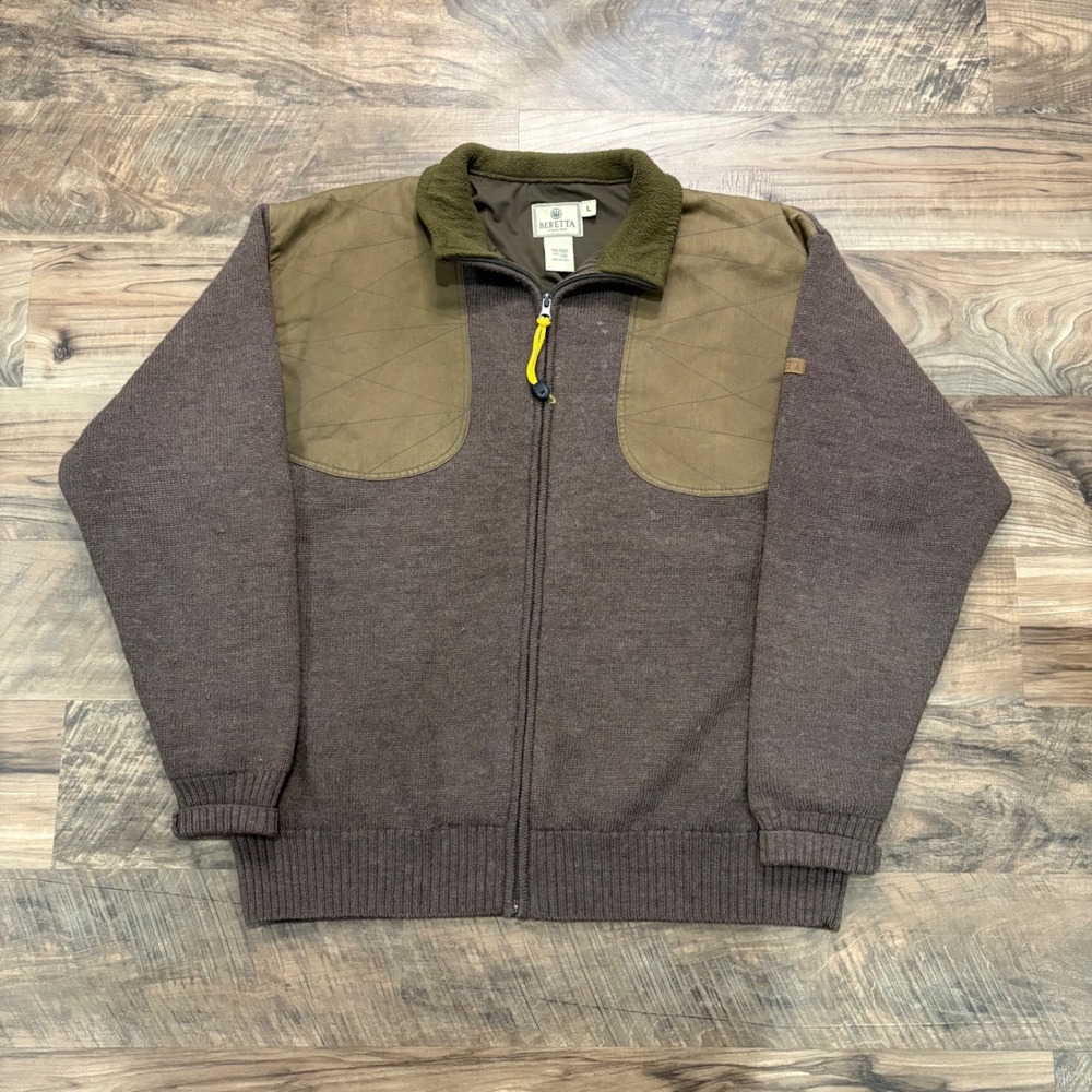 Vintage Y2K Beretta Sweater Mens L Brown Wool Full Zip Shooting Jacket Cardigan